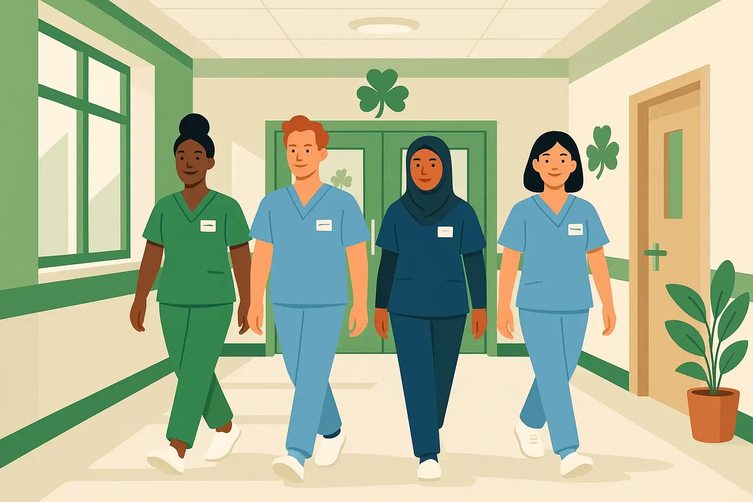 Stylized flat illustration of diverse international nurses in uniform walking confidently through modern Irish hospital corridor with shamrock symbols and green accents