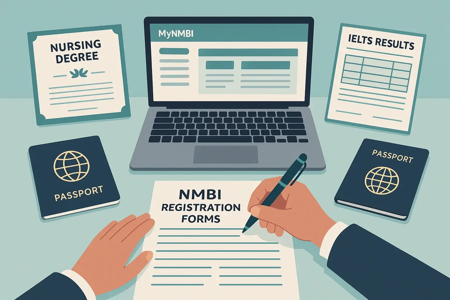 Clean flat illustration showing hands completing official NMBI registration forms with laptop displaying MyNMBI portal interface, surrounded by nursing certificates, IELTS results, and passport