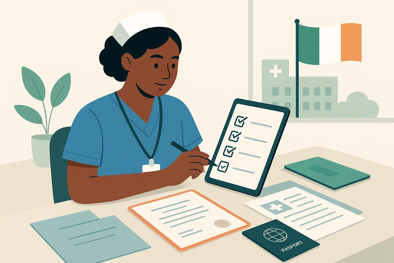 Modern flat illustration of diverse international nurse in blue scrubs reviewing essential documents and checklist for NMBI registration in a clean office setting with Irish healthcare elements